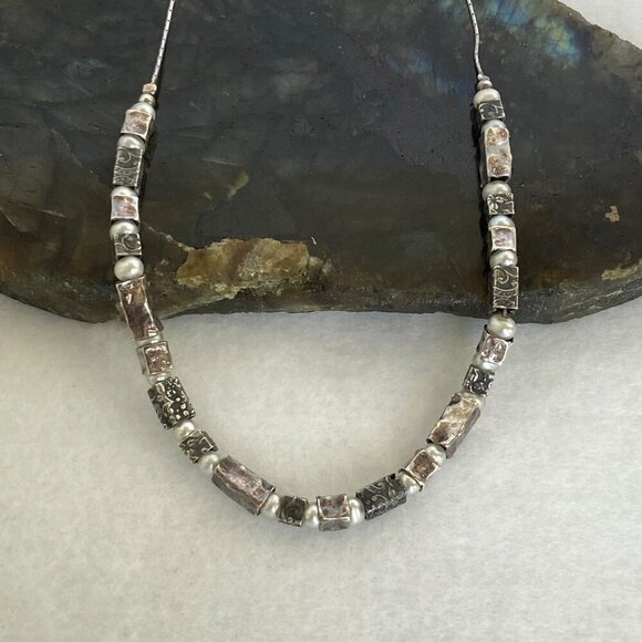 Oxidized Sterling Silver 925 Floral Stamped Rectangular Beaded Pearl Necklace - Picture 9 of 16